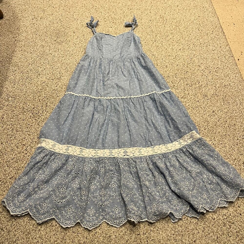 Shabby Chic Blue Eyelet Midi Dress Sz 6 Mommy & Me Boho Casual Formal Summer